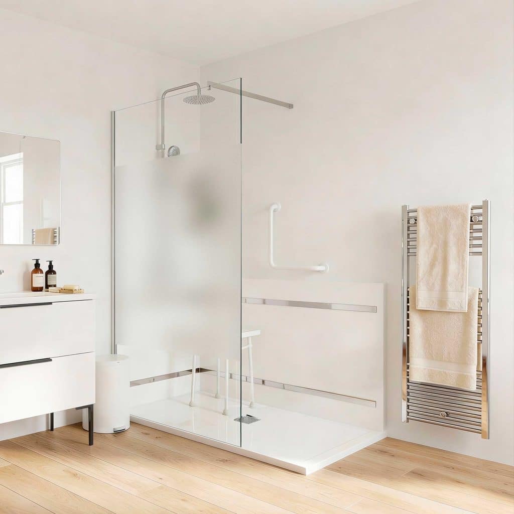 Douche à l'italienne senior et PMR ouverte avec paroi en verre floutée Acces 1G