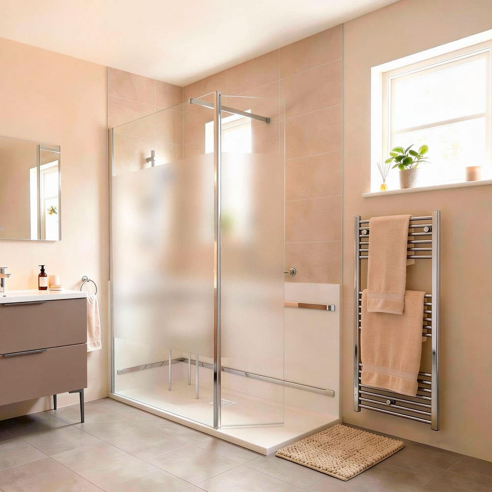 Image douche pmr sécurisée acces 2G PrimaVital avec paroi de verre floutée