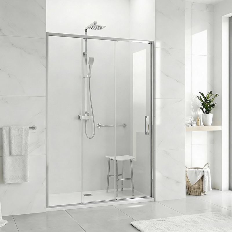 Douche senior sécurisée en niche avec panneaux vitrés coulissants Ondea