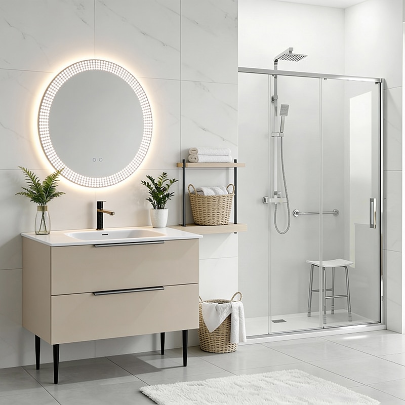 Douche senior sécurisée en niche avec panneaux coulissants Ondea