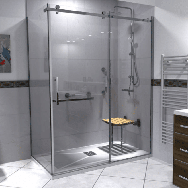 Cabine de douche sécurisée installée en angle avec parois en verre et grande porte coulissante