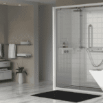 Cabine de douche prête à poser avec portes vitrées coulissantes et siège moulé modèle Opaline
