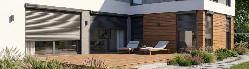 Maison avec volets roulants solaires fermés, terrasse en bois