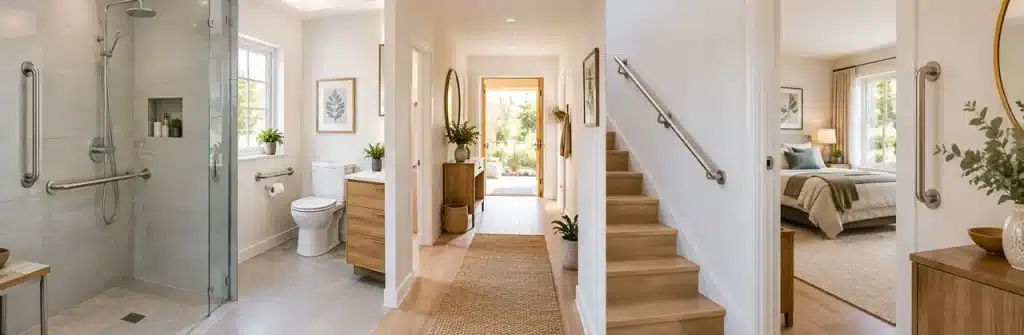 Intérieur adapté senior et PMR : douche sécurisée avec barres d'appui, couloir et chambre accessibles