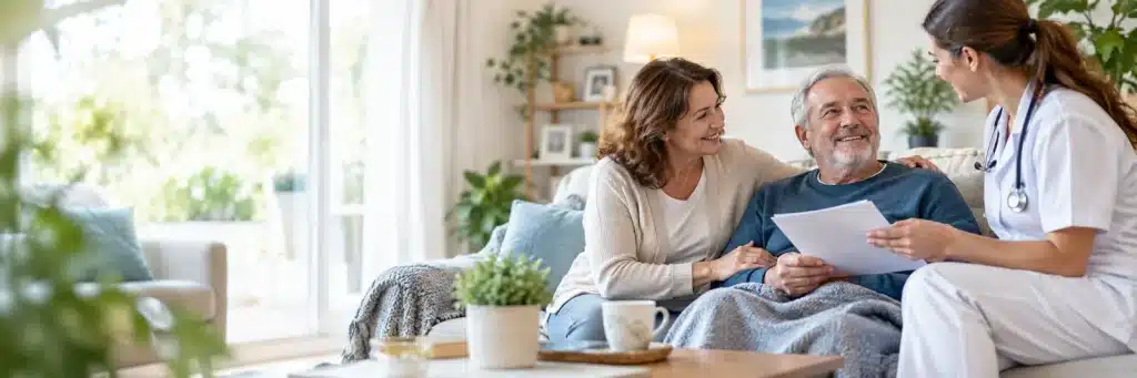 Senior aidé par un proche aidant pour le retour à domicile après hospitalisation